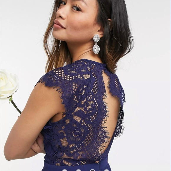ASOS TFNC bridesmaid lace open back maxi dress in navy - Picture 4 of 5